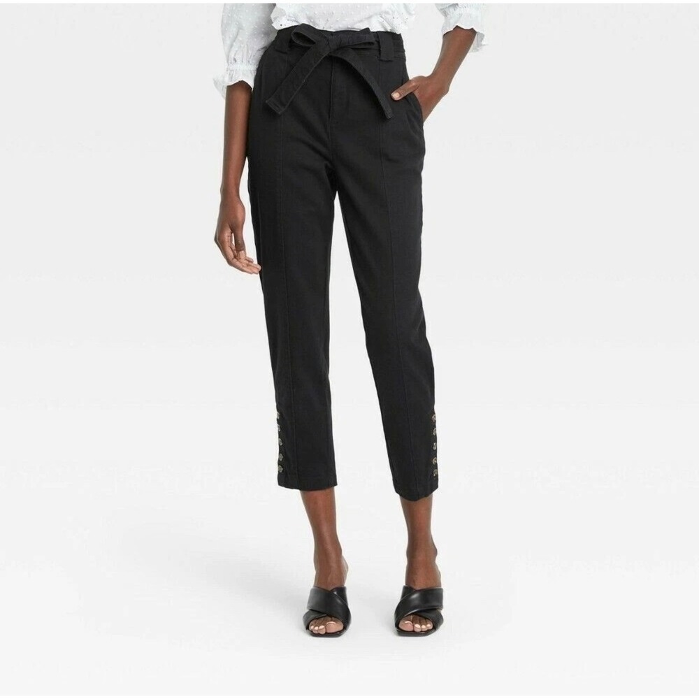 Who‎ What Wear Black High Rise Tie Waist Cropped Pants Size 6 Button Detail